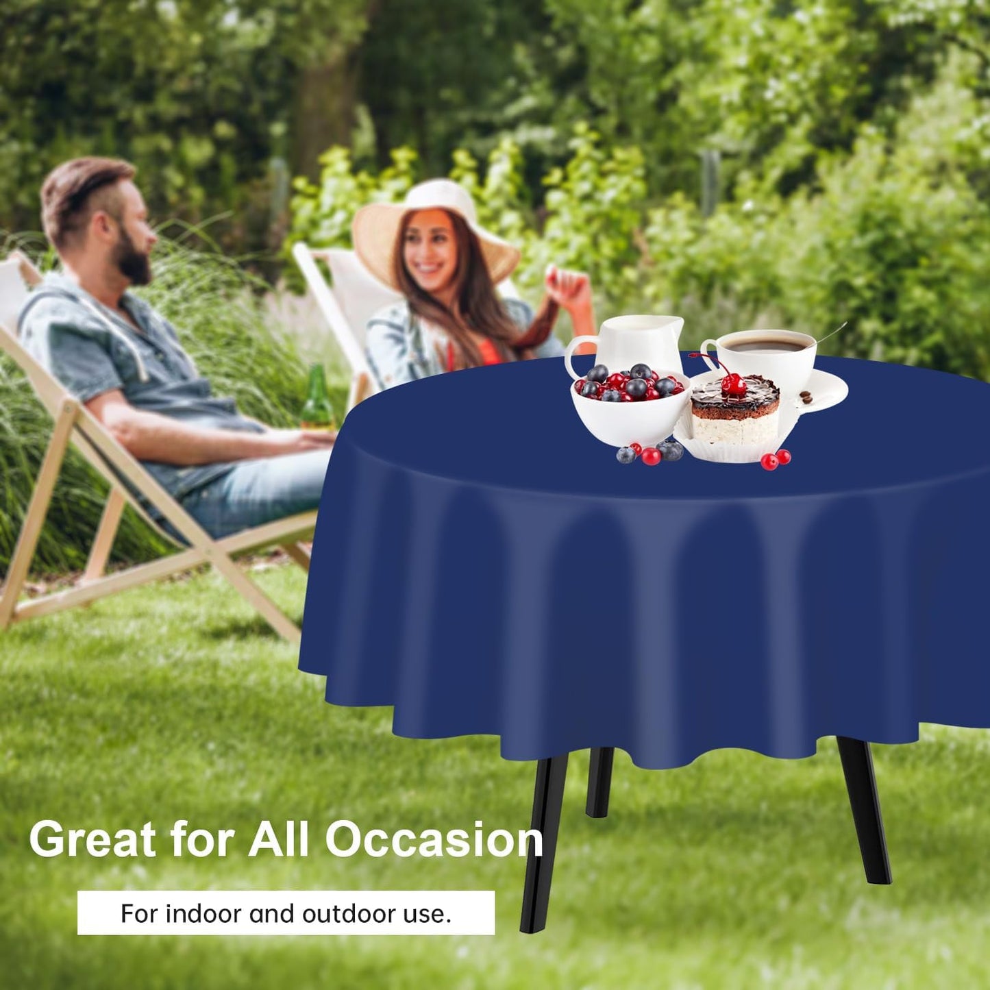 QIKSION Navy Blue Round Tablecloth 2 Pack, 84 Inch Plastic Table Cover Disposable for Parties