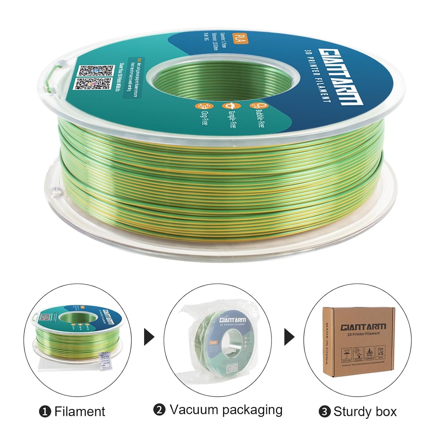 GIANTARM Dual Color PLA Filament, Silk PLA Filament 1.75mm +/-0.02mm,1KG Spool(2.2lbs) Vacuum Packaging, 3D Printing Filaments Fit Most FDM Printer