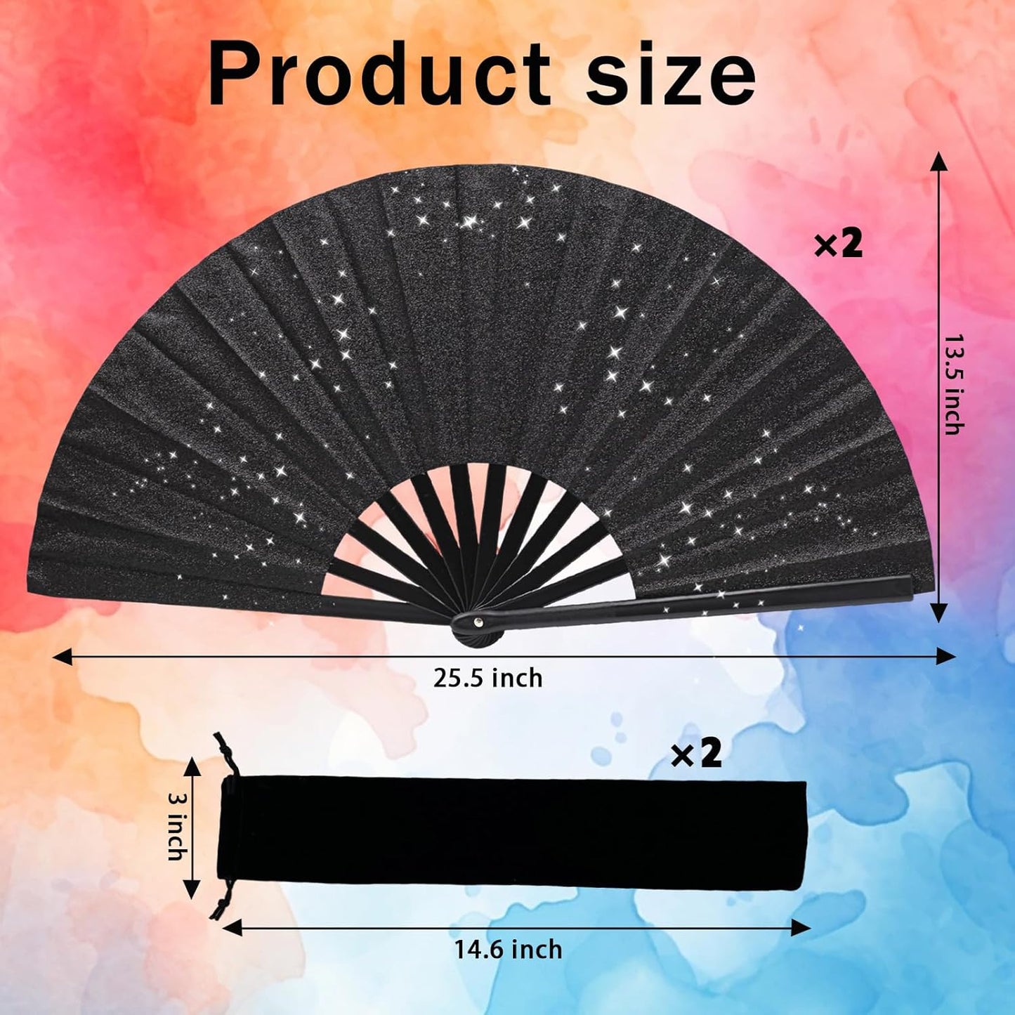 Glitter bling Large Folding Fan-Hand Fan Rave Clack Popping Fan for Line Dancing Clacking Fans for Boots On The Ground Dance, Party for EDM, Music Festival, Hot Flashes, Party, Decoration(2pcs black)
