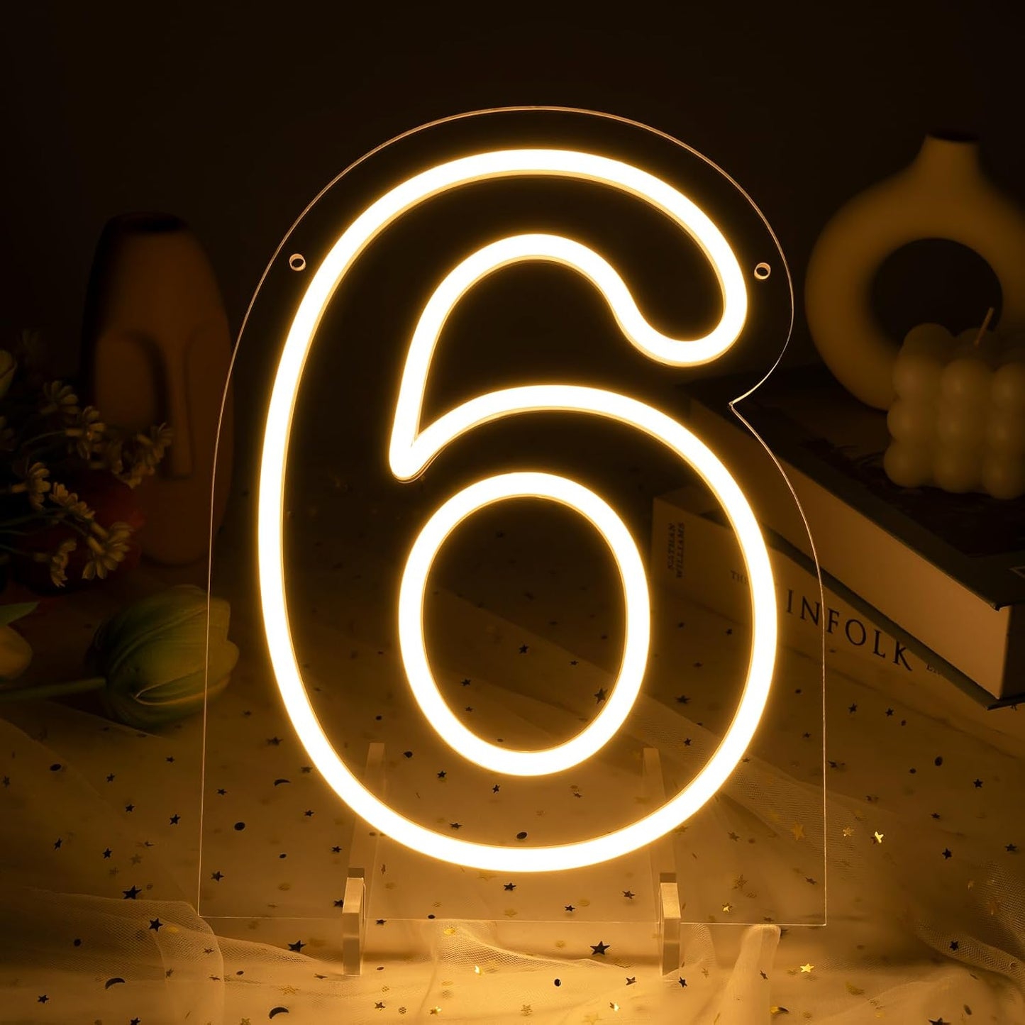 Number 6 LED Neon Sign Backdrop Birthday Party Decoration, 11.3" 11.3" Height Warm White Marquee Six Numbers Light Up Sign for Wedding Anniversary Window Wall Table, Indoor Battery Operated or USB