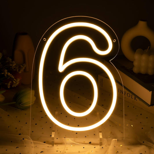 Number 6 LED Neon Sign Backdrop Birthday Party Decoration, 11.3" 11.3" Height Warm White Marquee Six Numbers Light Up Sign for Wedding Anniversary Window Wall Table, Indoor Battery Operated or USB