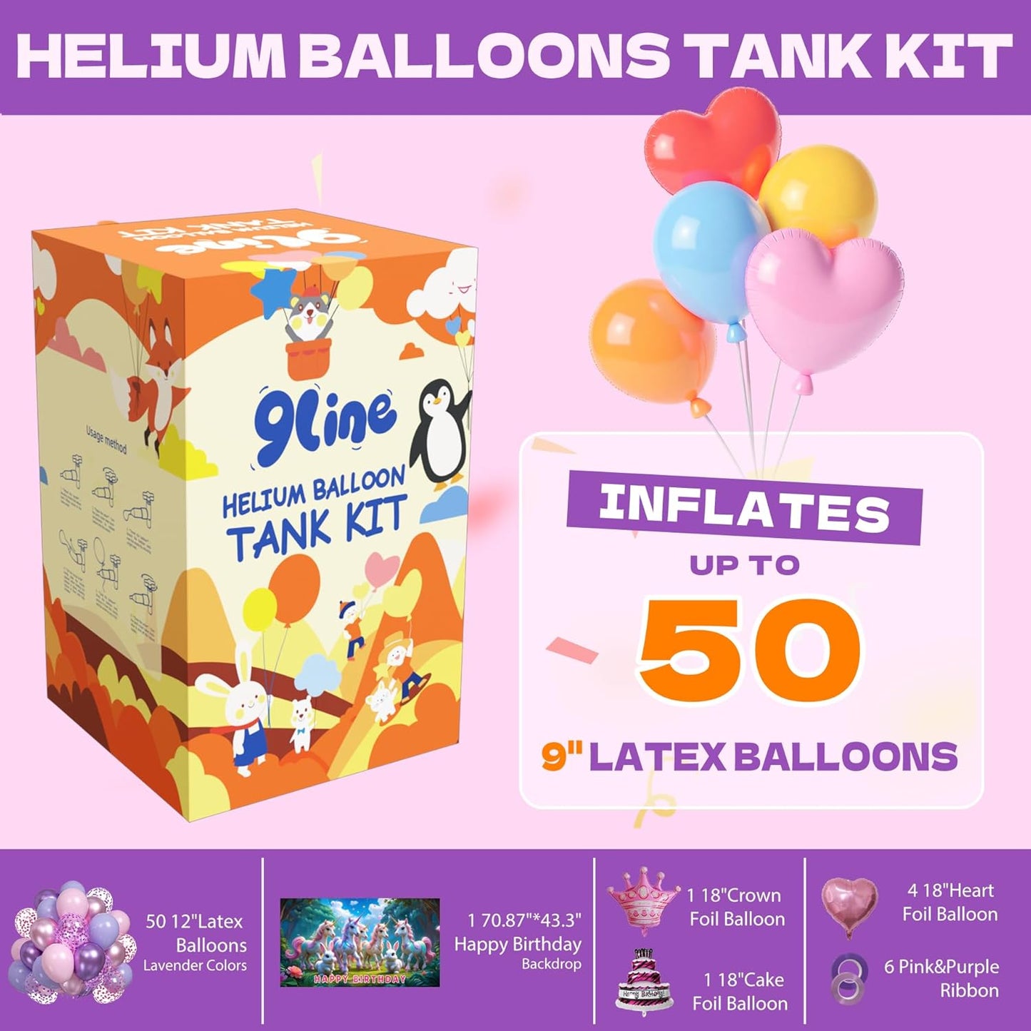 9Line 13L Helium Tank Up To 50 Latex Balloons,Helium Tank For Balloons At Home,50 12-Inch Pink&Purple Latex Balloons, 6Foil Balloons, 1Happy Birthday 5.9X3.6Ft Backdrop, 8 Accessory Tools