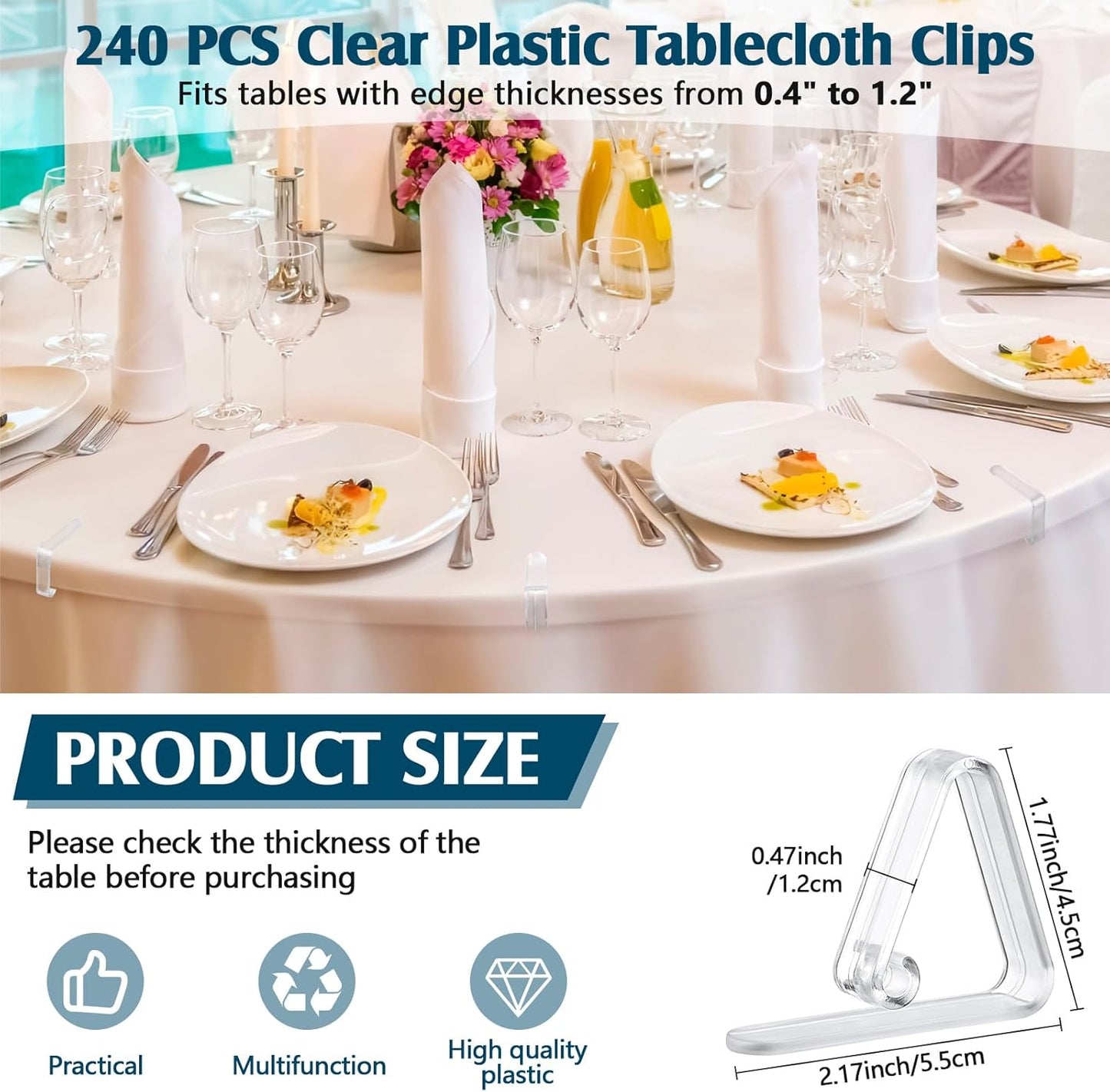 Wenqik 240 Pcs Tablecloth Clips Transparent Clear Plastic Table Cloth Holders Clips Table Cloth Clamps for Indoor Outdoor Birthday Home Wedding Camping Picnic Party Supplies