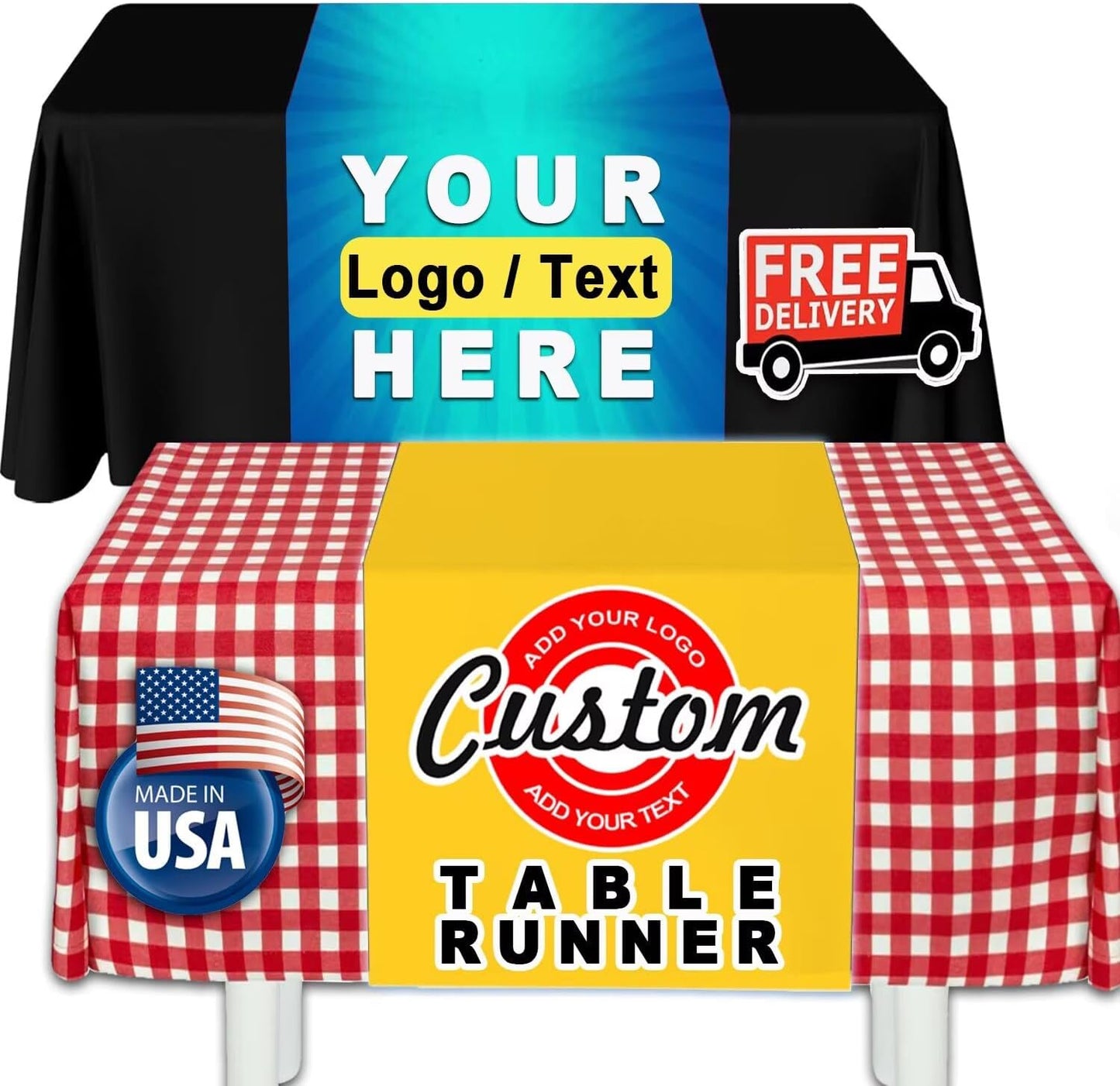 Made in USA - Custom Table Runner with Business Logo 12"x72" to 36"x72", Personalized Table Banner for Events, Birthday, Wedding