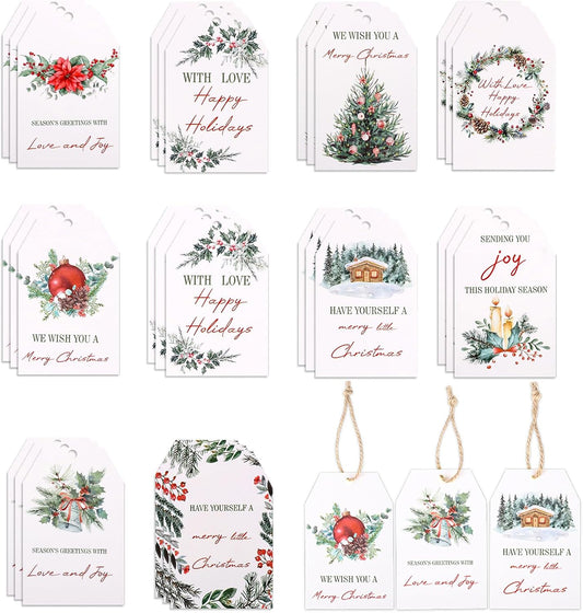 100PCS Christmas Gift Tags 10 Styles Watercolor Christmas Tree Pinecone Tags with String Celebrations Tag for Present Wrapping Xmas Holiday Seasonal Party Favors