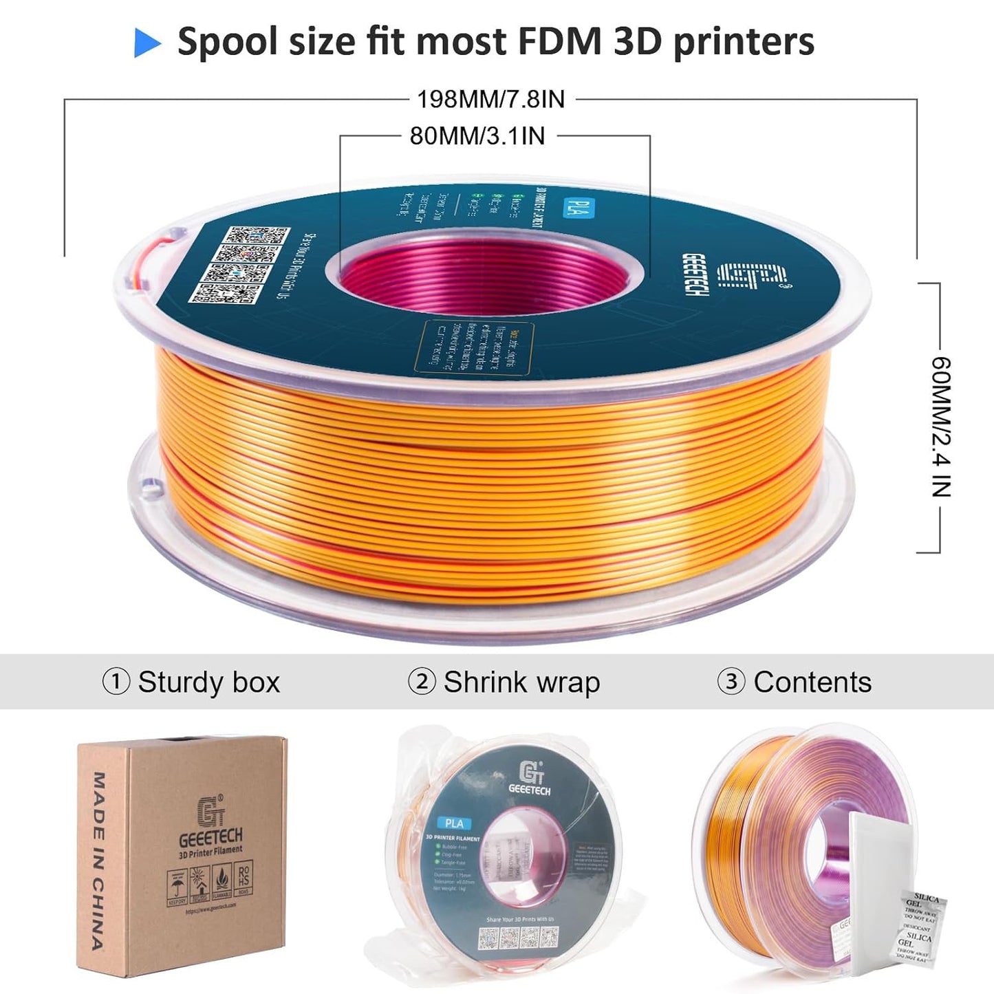 Geeetech Silk PLA Tri Color Filament 1.75mm 3D Printer Filament, Coextrusion Red Gold Purple Tri-Colors Metal-Like Shiny Silk PLA Filament, 1kg (2.2lbs) 1 Spool, Dimensional Accuracy +/- 0.02 mm