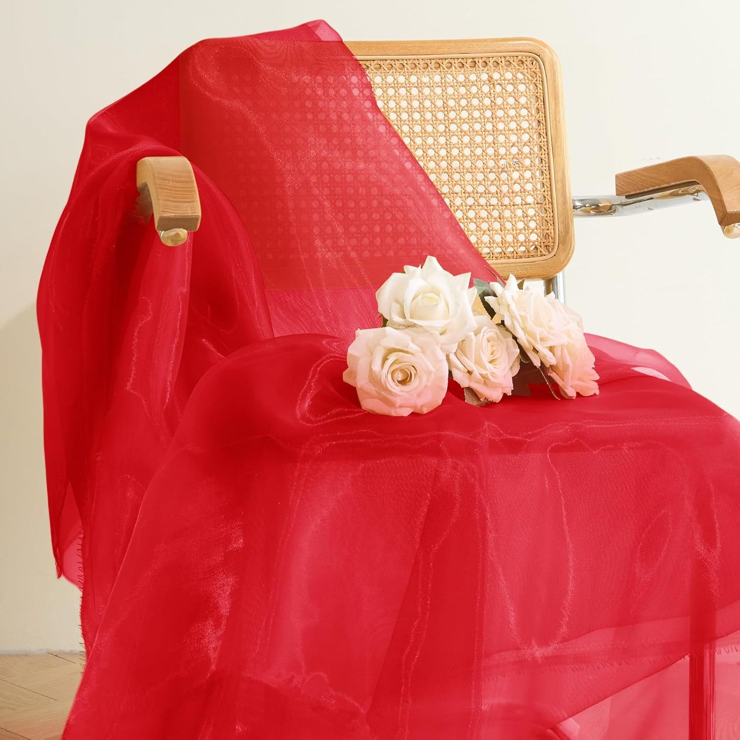 P Pothuiny Sheer Organza Fabric by The Yard, 1 Yard x 60 Inch Wide Bridal Red Organza Tulle Fabric Roll Shiny Gauze Fashion Dress Sewing Craft for Wedding Party Decorations Backdrop