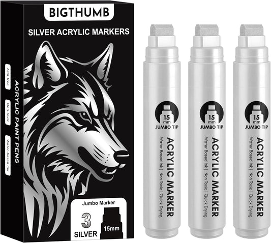 3 Pcs Silver Jumbo Permanent Markers: 15mm Wide Tip Thick Acrylic Paint Pen Large Calligraphy Marker for Rock Painting, Poster, Sign, Canvas, Glass, Wood, Ceramic