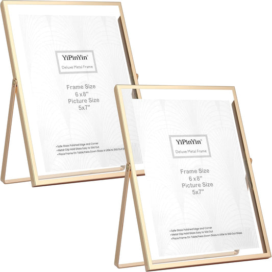 Gold 6x8''Floating Frame Set of 2,For Photo Sizes (3.5x5''4x6''5x7''),Metal Frames for Tabletop/Shelf Display,Classy Gift Choice for Wedding,Birthady,Home or Office Decor