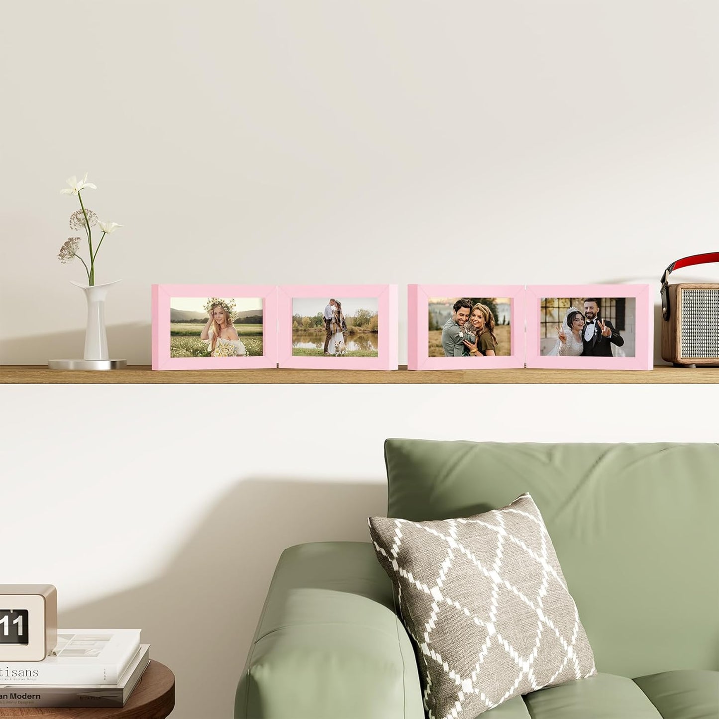 decorUhome Double 6x4 Picture Frame Horizontal, Engineered Wood Bifold Photo Frame with Plexiglass for Tabletop Display, 6x4, Pink