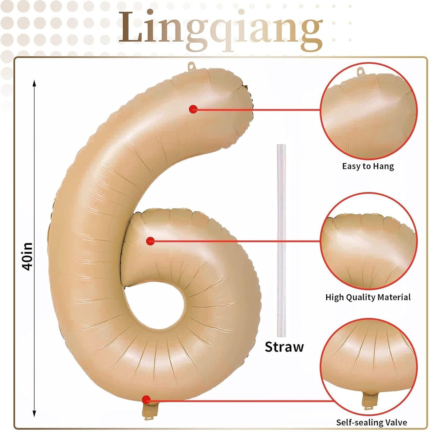 Nude Number Balloons for Boys Girls, 40inch Large Tan Number 6 Foil Mylar Helium Balloons, Self Inflating Apricot Number Balloons 0-9 for Men Women 6th 60th Birthday Anniversary Party Decoration