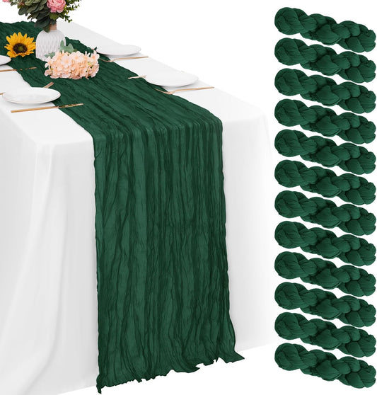 Aktor 12 Pack Emerald Green Table Runner Boho Cheesecloth Table Runner Semi Sheer Gauze Fabric Runners for Wedding Birthday Baby Shower Party Boho Table Decoration（Emerald Green）