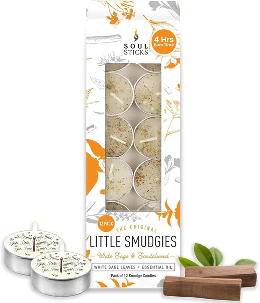 SOUL STICKS 12 Pack Little Smudgies Tealight Candles Smudge Candle for Cleansing House, Meditation, Chakra Healing | Made with Crystals and Herbs (White Sage & Sandalwood)