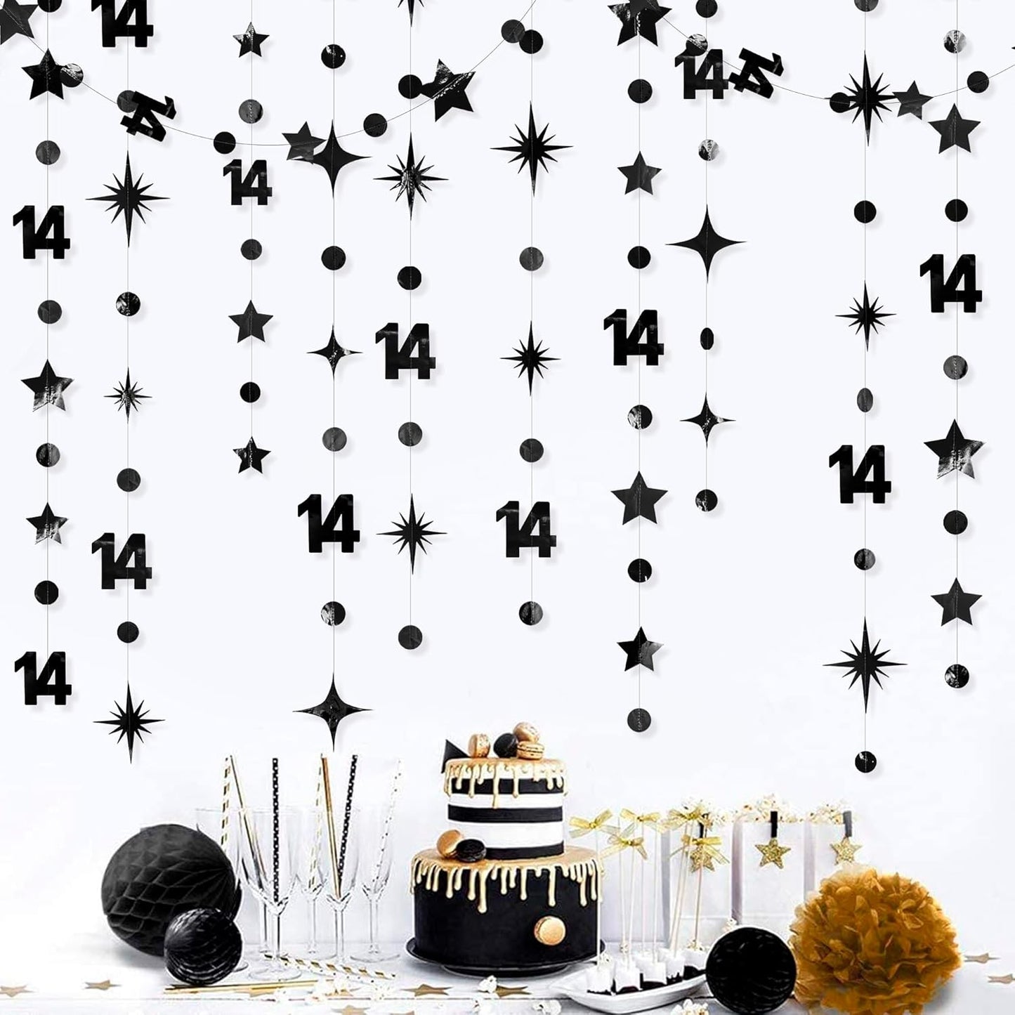 Black 14th Birthday Decorations Number 14 Circle Dot Star Garland Metallic Hanging Streamer Banner Backdrop for Girls Boys Happy 14 Years Old Fabulous Birthday Fourteen Anniversary Party Supplies