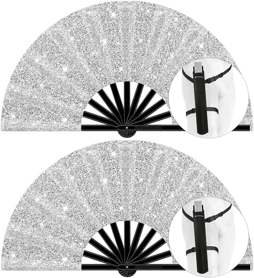 13" Large Folding Rave Fan with Holster, Clack Hand Fans Foldable for Line Dancing, Boots On The Ground Fan for Women Men Festival EDM Party Decoration, Glitter Silver 2 Pack