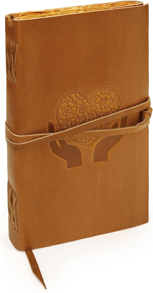LUXEORIA Heart Journal for Women and Men, Handcrafted Leather Journal for Writing Womens, Sketchbook, Travel Diary with Unlined Deckle Paper, Camel Brown 8x13