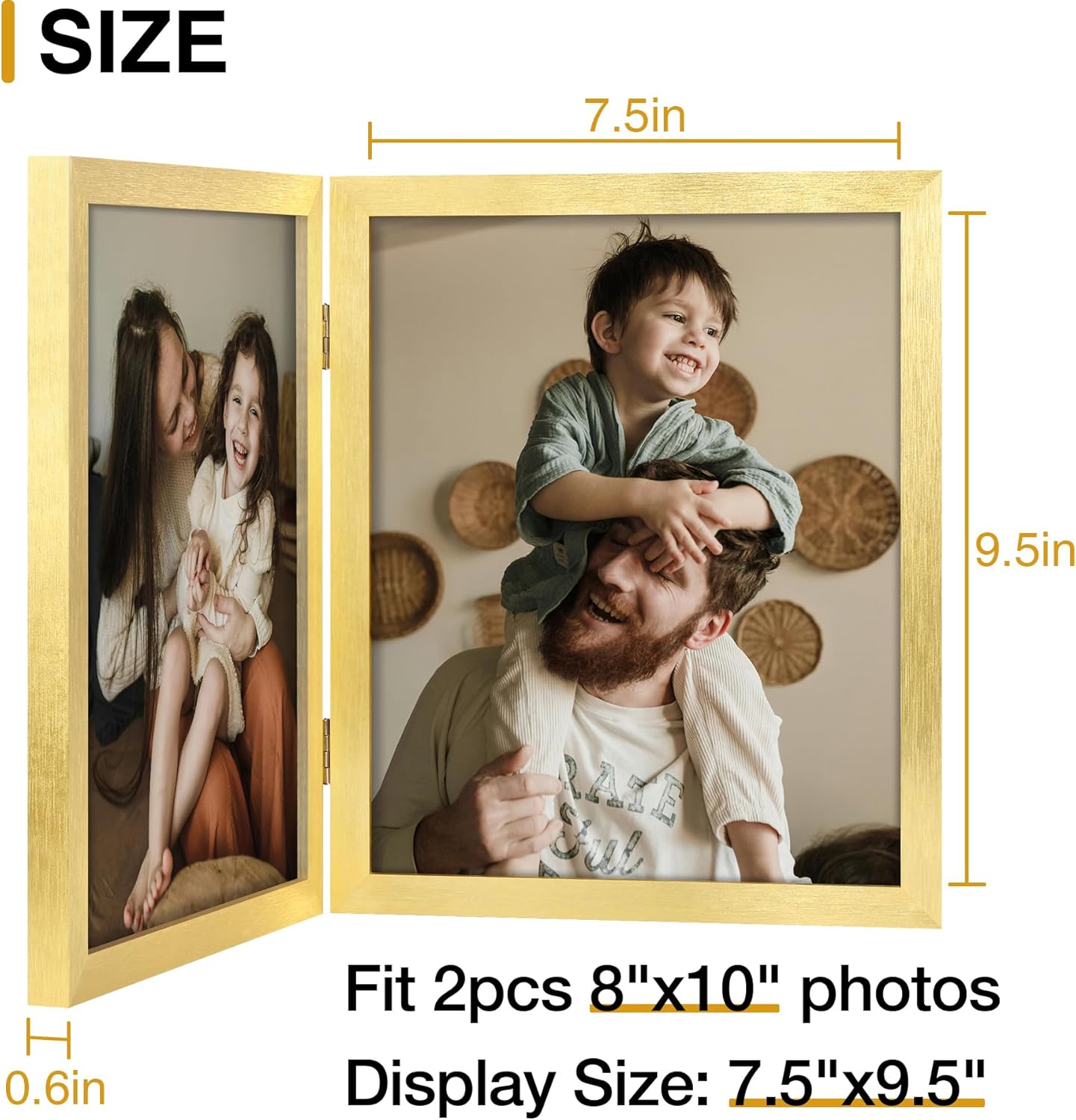 decorUhome Double 8x10 Picture Frame Vertical, Engineered Wood Bifold Photo Frame with Plexiglass for Tabletop Display, 8x10, Gold