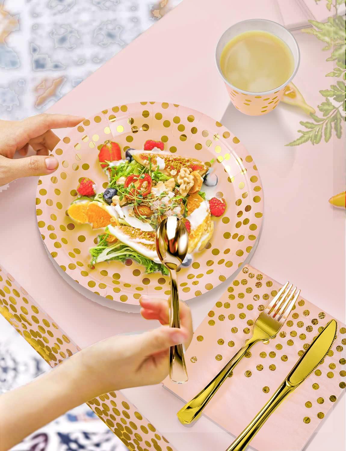 141 Pieces Pink Gold Party Supplies, Party Dinnerware Sets Include Paper Plates Napkins Cups Silverware, for Wedding Bridal Shower Engagement Birthday Parties Decoration -20 Serves