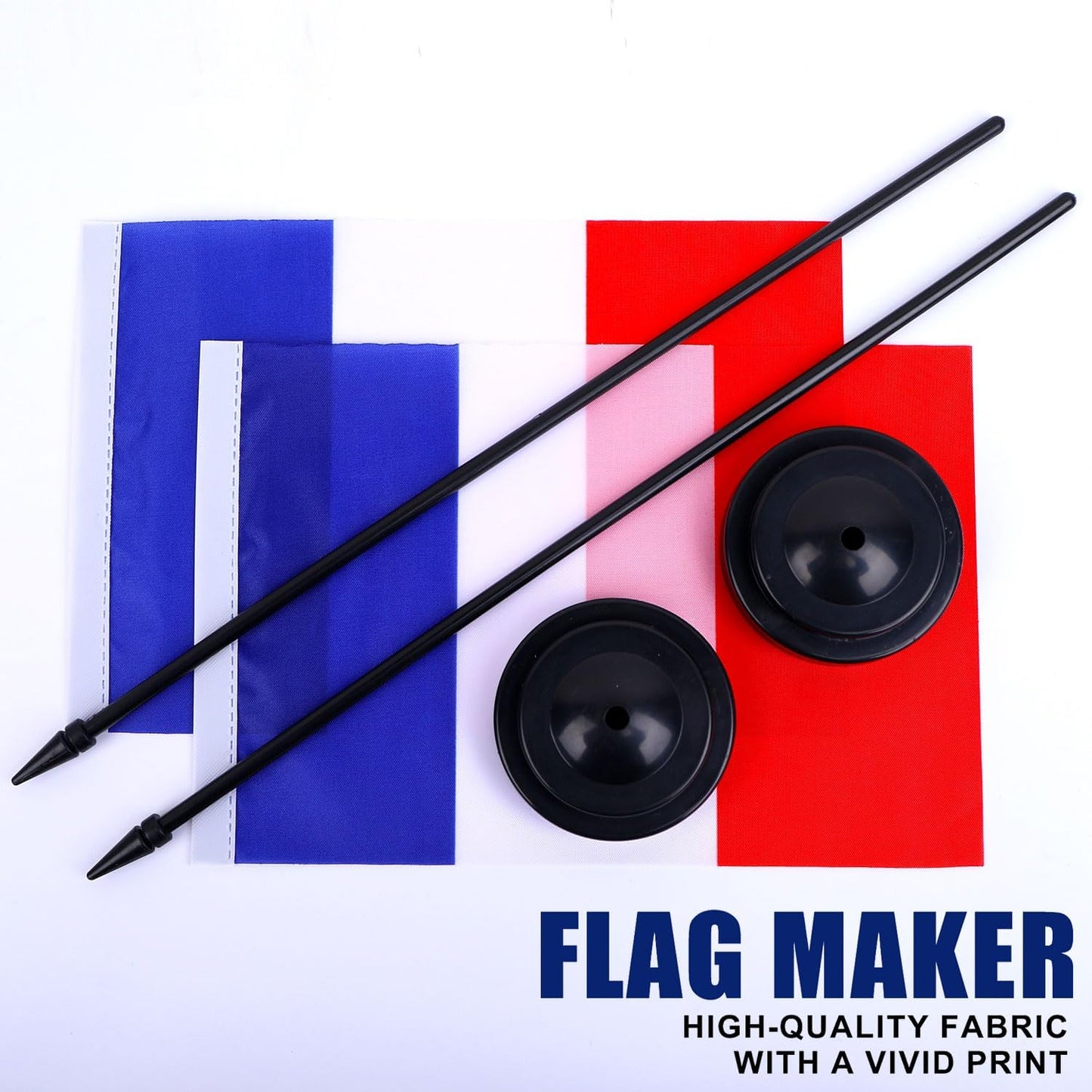 France Desk Flag 12" Solid Pole Deluxe Set French Flags Banner Mini Small France Office Table Flags with Black Stand Base Desktop Decorations(2Pack)