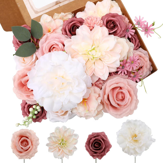 Floweroyal Artificial Flowers Combo Pink Flowers Mix Silk Flowers Dahlia Roses with Stems for DIY Wedding Bridal Bouquets, Baby Shower, Floral Arrangement, Table Centerpieces, Home Decorations