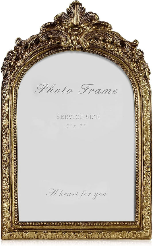 Cuspin 5x7 Gold Picture Frame, Vintage Gold Ornate Resin Photo Frame with Glass Front for Tabletop and Wall Mounting, Antique Picture Frames Photo Gallery for Home Office Decor
