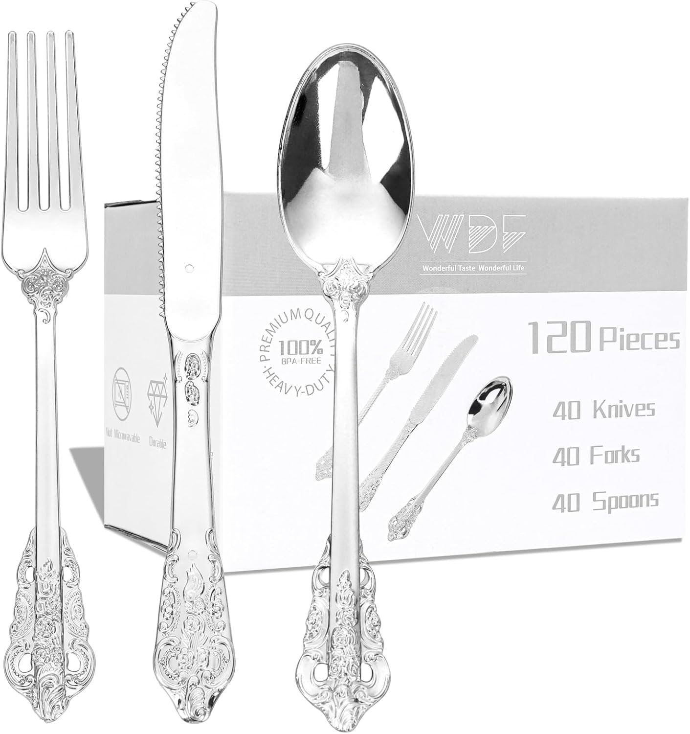 WDF 120PCS Silver Plastic Silverware - Heavy Duty Silver Plastic Cutlery Set - 40 Forks, 40 Spoons, 40 Knives, Perfect for Christmas Parties/Weeding