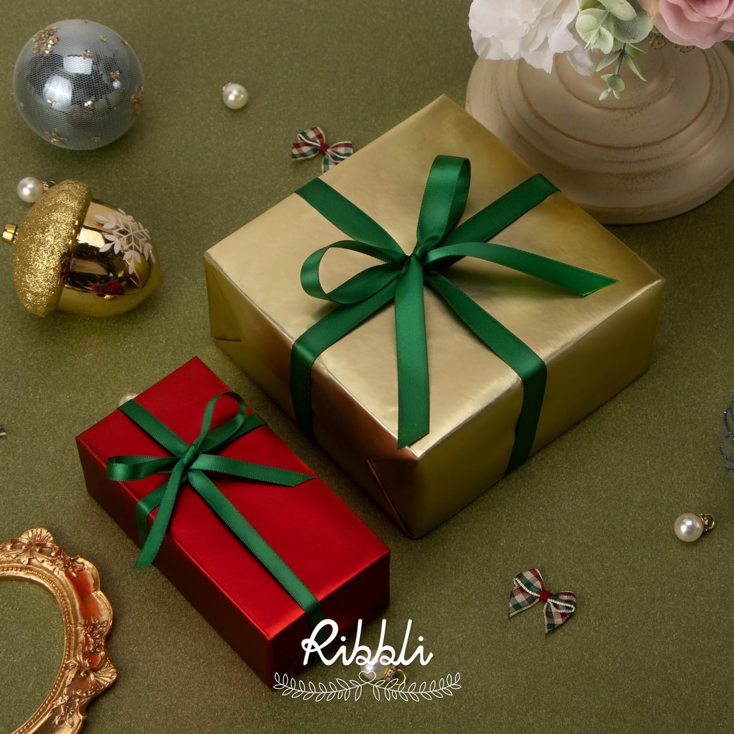 Ribbli Forest Green Satin Ribbon Double Faced Satin 1/2 Inch x Continuous 100 Yards-Green Ribbon for Gift Wrapping Crafts Wedding Decoration Bows Bouquet Floral Arrangement