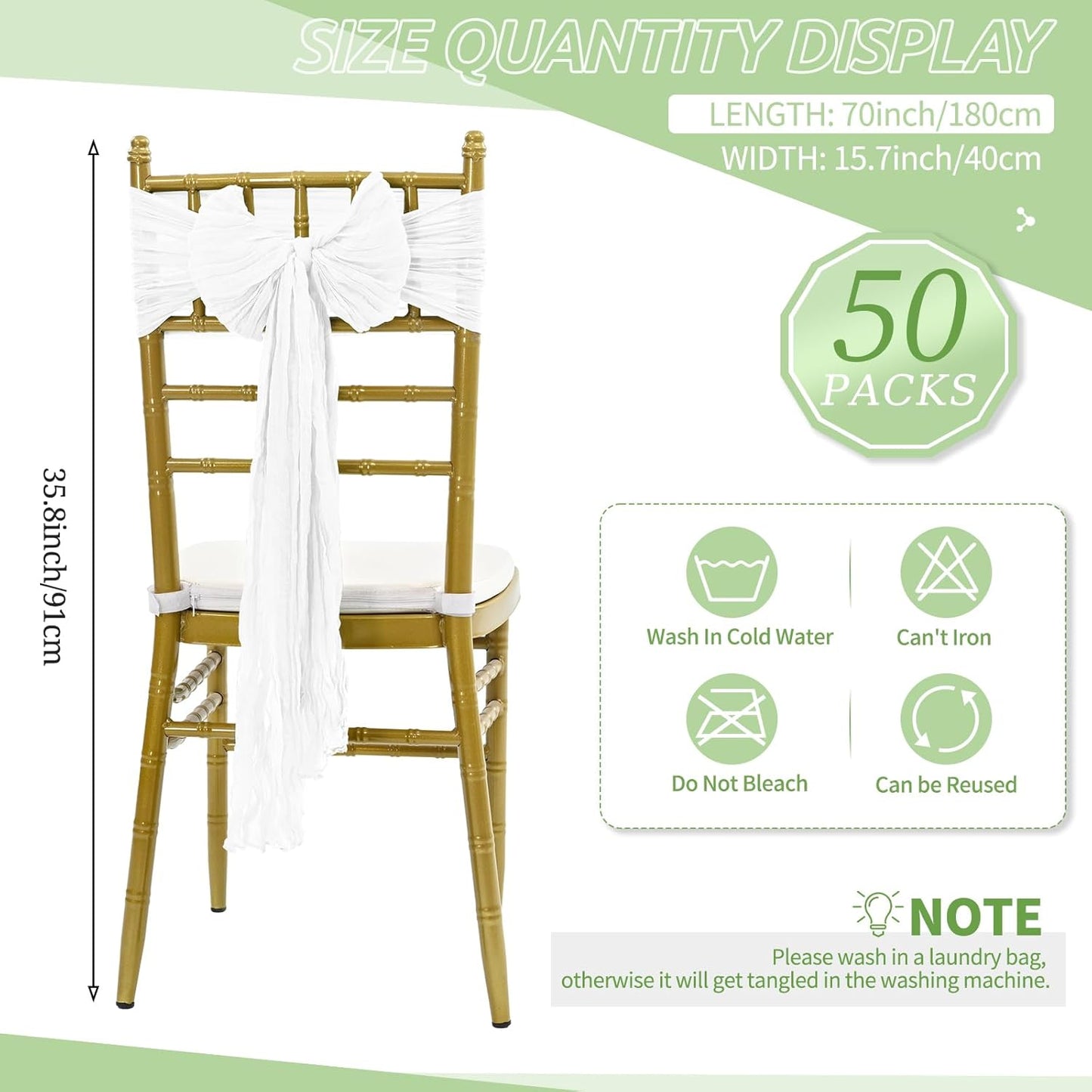 50 PCS Cheesecloth Chair Sashes Bows Wedding Aisle Decorations Chair Ribbon Ties Back Sash for Wedding Party Events Banquet Chair Cover Decoration (White)