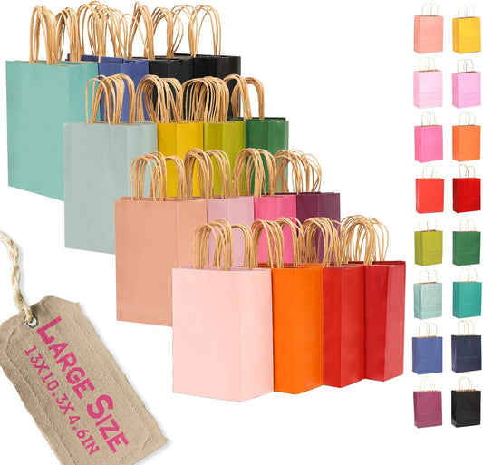 qiqee 100Pcs Large Size Paper Gift Bags with Handles -13"x10.3"x4.6" Kraft Small Party Bags - 16 Solid Colors