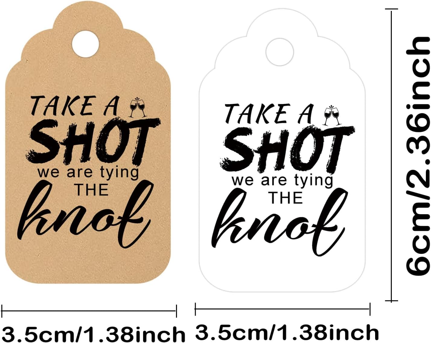 Take a Shot We are Tying (Or Tied) The Knot Tags with Hanging Hole Rectangle Kraft Paper Card Decorative Knot Tags for Engagement Party Wedding Decor, Bridal Party Gifts (Flower Border （White）)