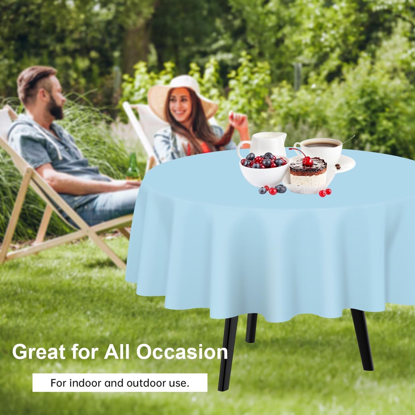 QIKSION Light Blue Round Tablecloth 2 Pack, 84 Inch Plastic Table Cover Disposable for Parties