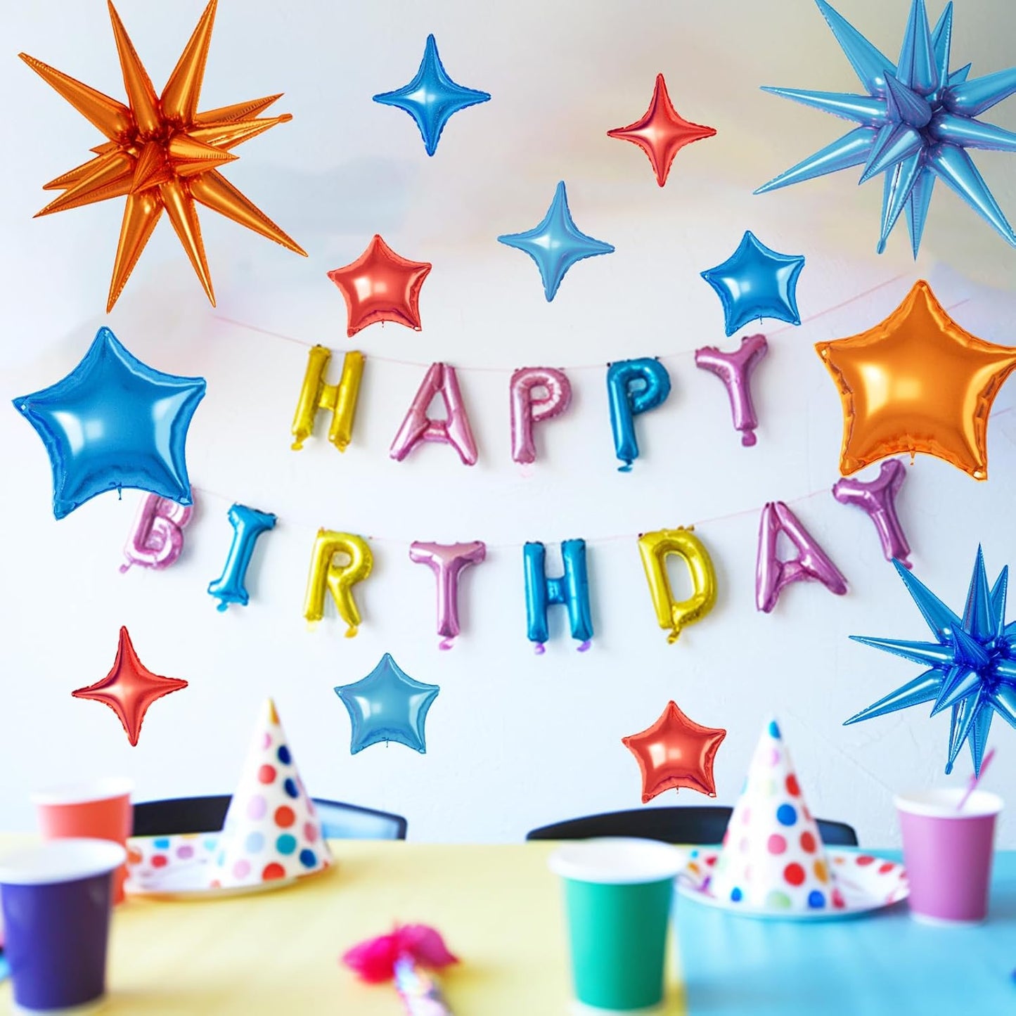 16 Pcs Orange and Blue Star Balloons, 22/18/10 Inch Foil Balloons, Four-Pointed Balloon for Kids Girl Boy Birthday Wedding Baby Shower Magic Party Decorations