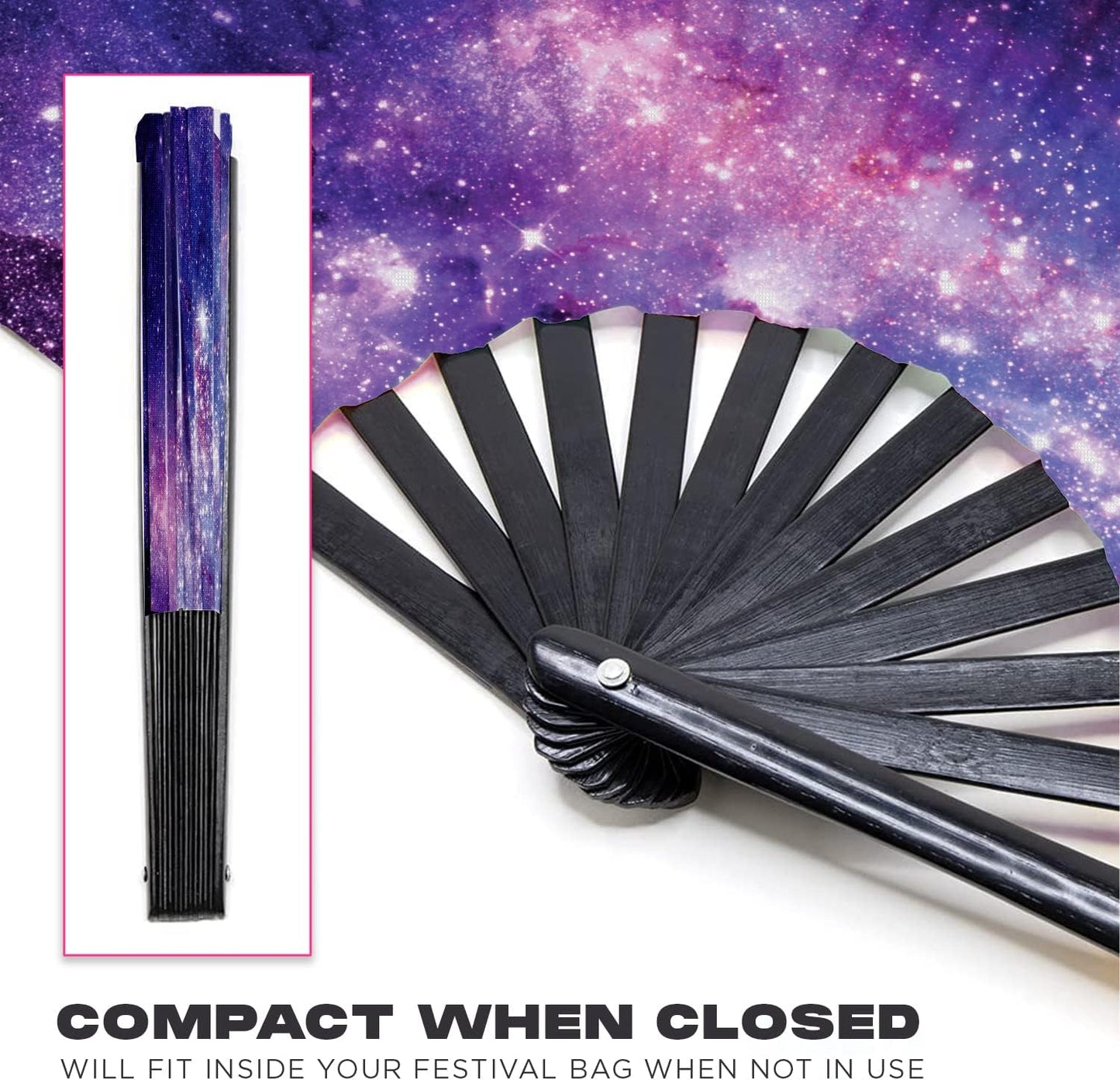GloFX Folding Fan - Galaxy - Large Rave Clack Folding Hand Fan for Men/Women - for EDM, Music Festival, Club, Event, Party, Dance, Performance, Decoration, Gift