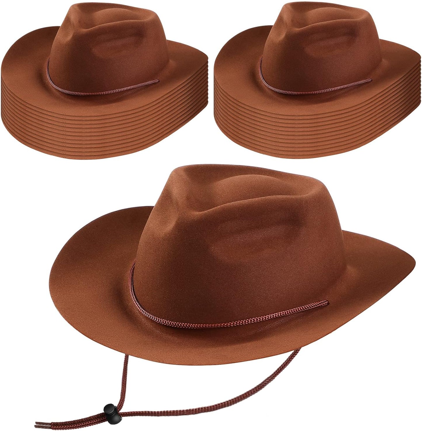Mepase 24 Pieces Disposable Plastic Western Cowboy Hat Set Felt Wide Brimmed Cowgirl Hats for Men Women Costume Party(Brown)