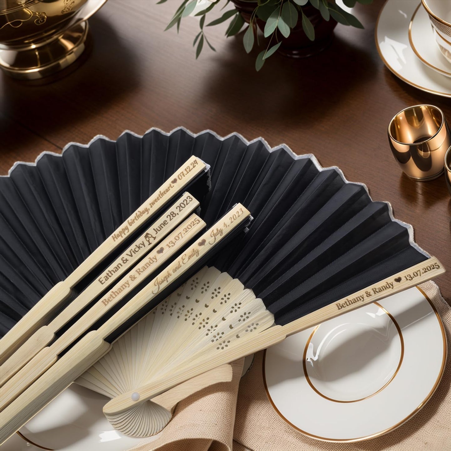 1Pcs Personalized Silk Fans Folding Hand Fan, Custom Wedding Bridal Party Favors, Summer Wedding Bride, Wedding Gift, Thank You Gift (Black)