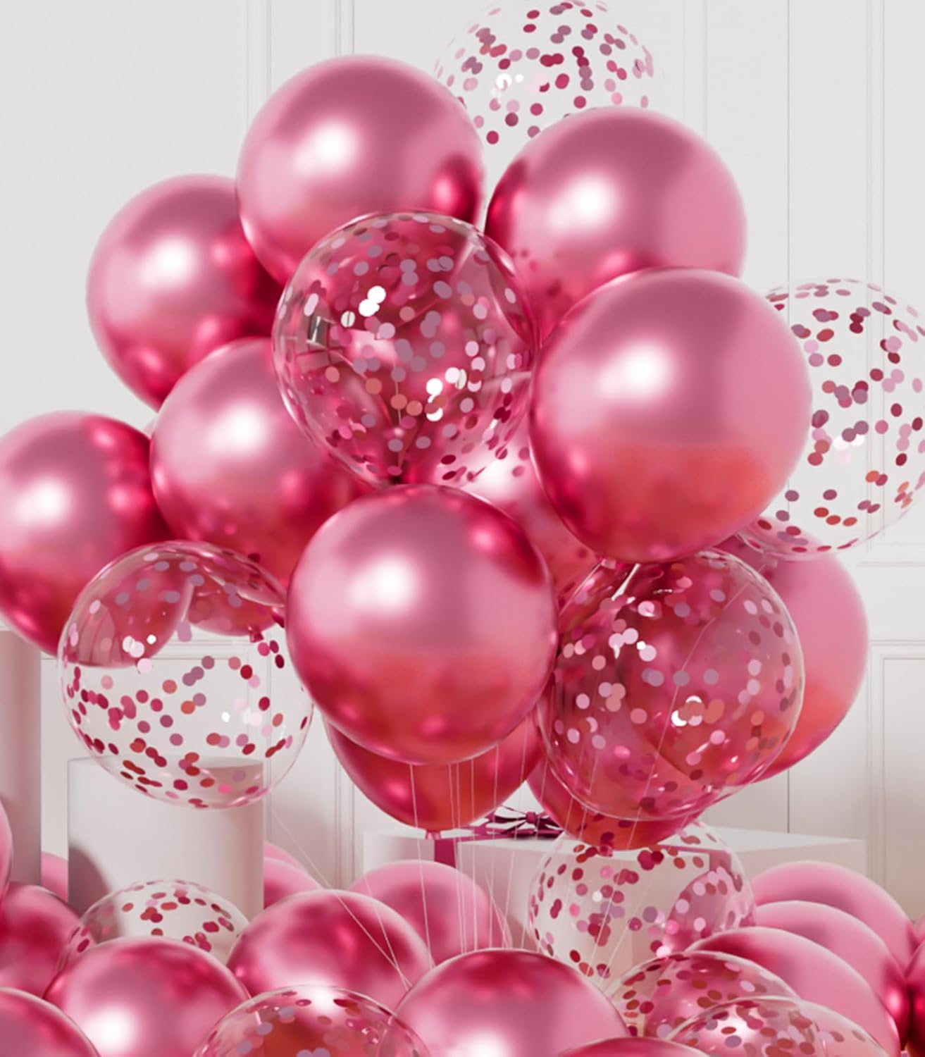 AULE Party Balloons Pack of 42 - Metallic Chrome Pink Balloons and Pink Confetti Latex Helium Balloons With 64ft Ribbons - 12 Inch Balloon Decoration Set