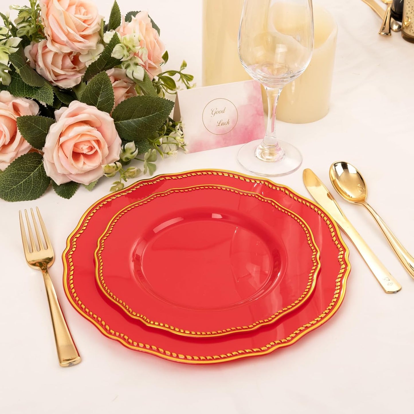 Hioasis 60pcs Red Plastic Plates - Red and Gold Disposable Dinnerware with Gold Rim, Heavy-duty, 7.5 inch, Dessert Plates for Party & Wedding