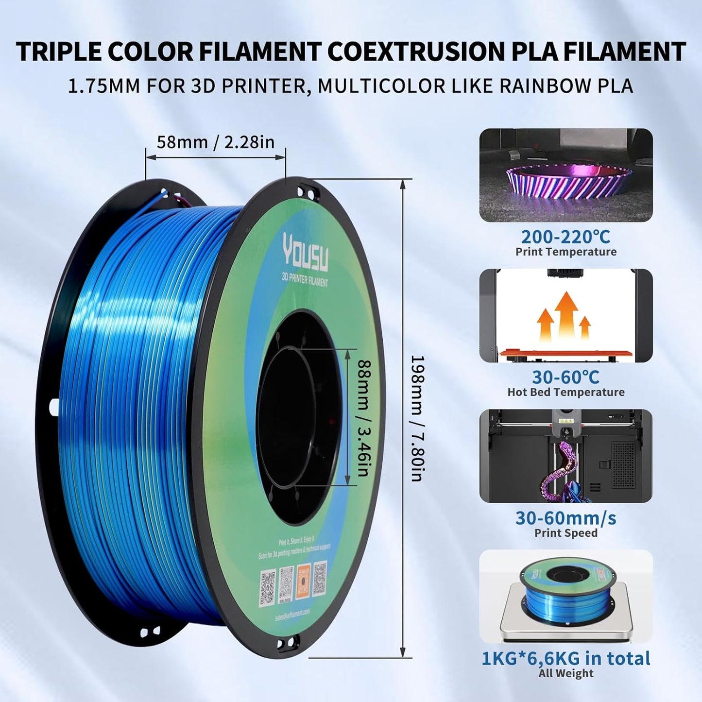YOUSU 3D Printer Filament Silk PLA Filament Rainbow Color,1.75mm Tri Color Filament 6 * 1kg Pack.
