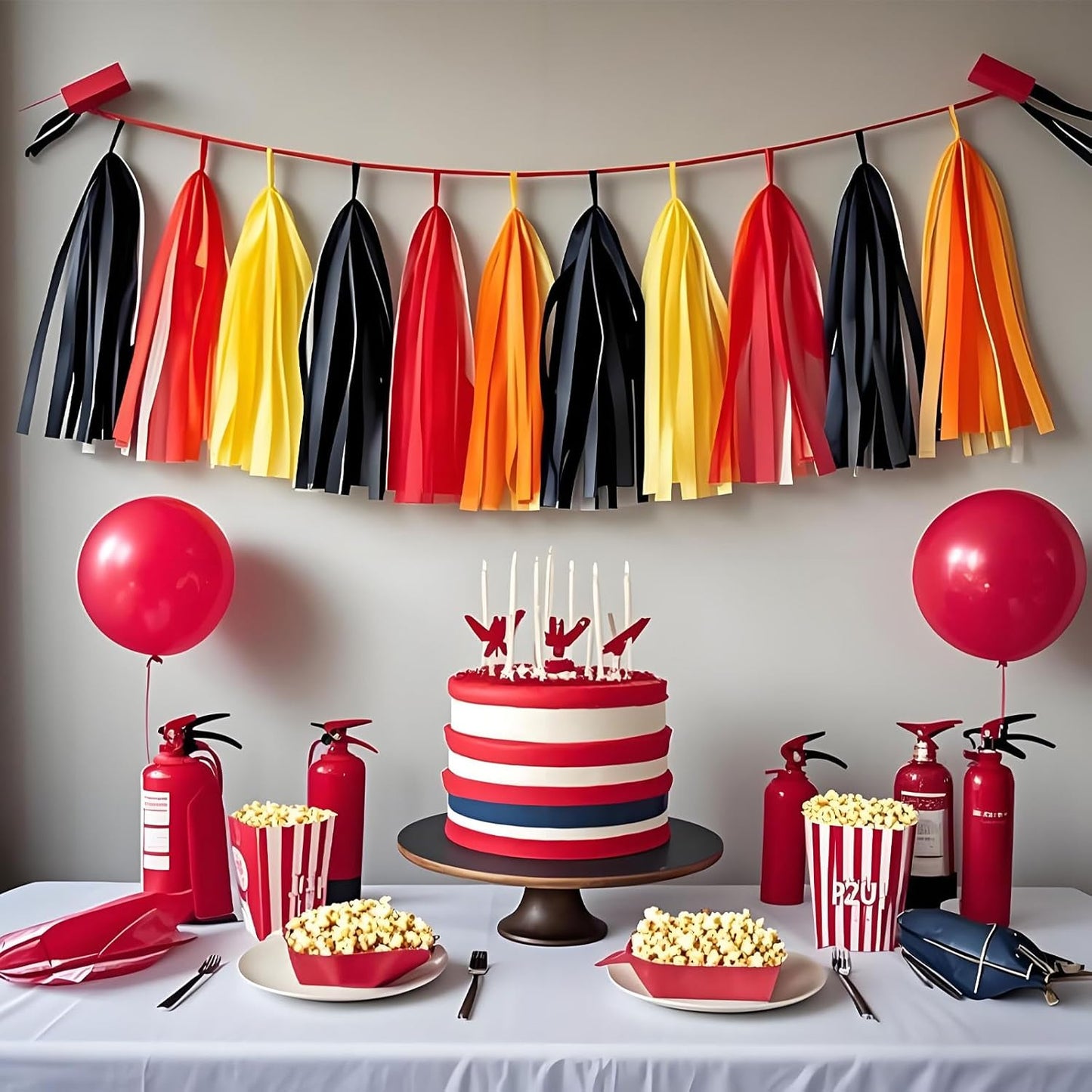 Fire Truck Tissue Tassel Garland - DIY Firefighter Birthday Party Decorations with 20 Pre-Cut Yellow Red Black Orange Paper Garland Banner, for Baby Shower,Race Car,Fire Truck Theme