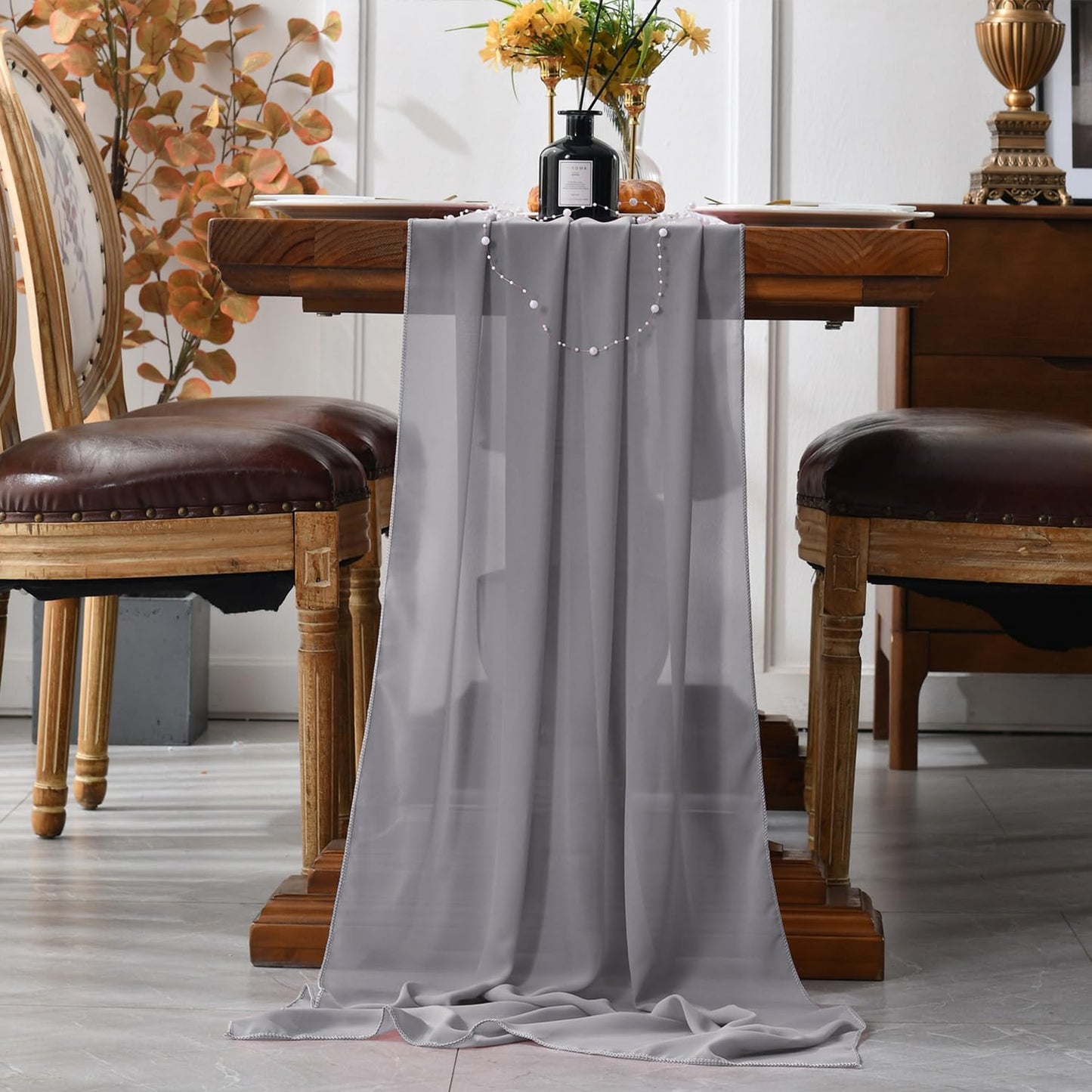 2 Pack 10 Ft Chiffon Table Runner Grey Gauze Long Table Runners 27x120 Inches Sheer Tulle Table Runner for Rustic Wedding Reception Bridal Shower Decorations Birthday Party