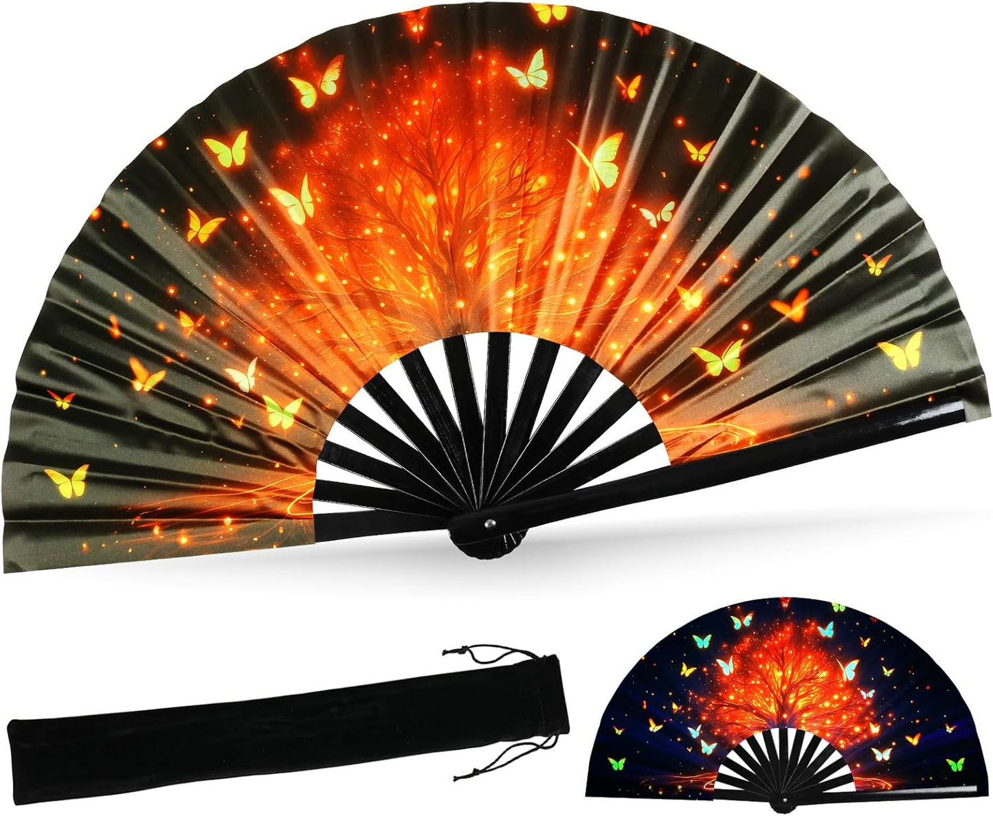 SYNTECSO Folding Hand Fan for Rave, Popping Fan for Line Dancing, Drag Queen, Women and Men Gift，Chinese Japanese UV Glow Clack Fan for Parties, Music Festivals, EDM and Decoration