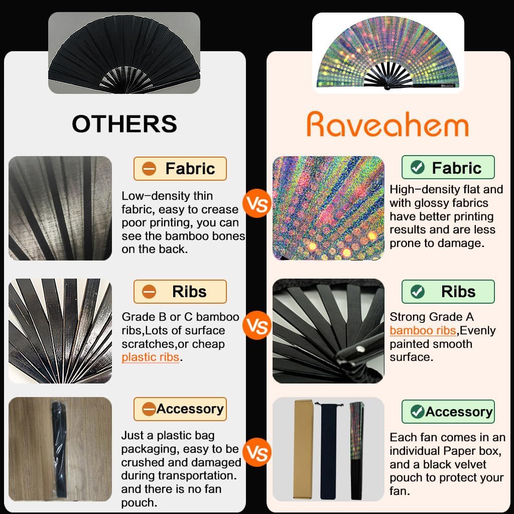Large Rave Fan, Clack Folding Hand Fan with Premium Fabric, Thick Bamboo Frame for Men Women Gift for EDM, Festival, Club, Party, Dance, Decoration (Lridescent Light, 13")