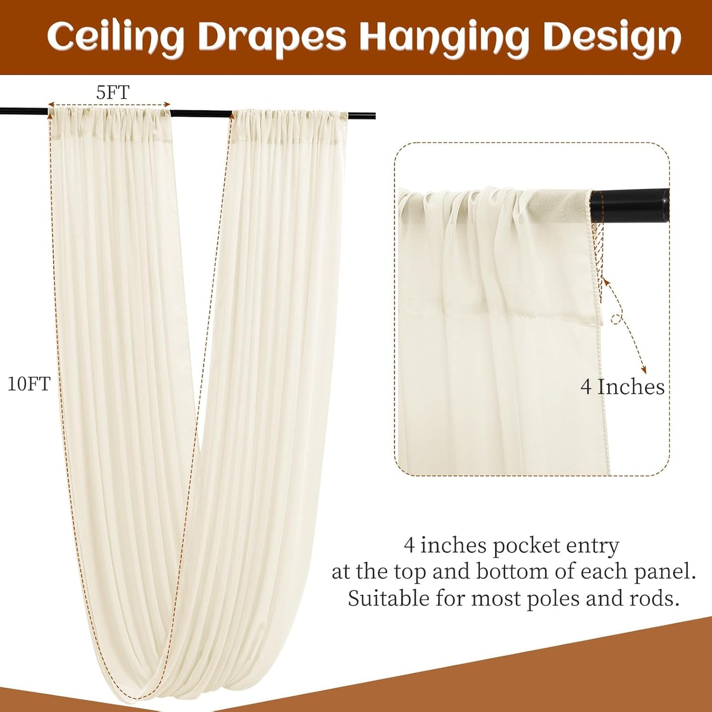 6 Panels Ivory Ceiling Drapes 5ftx10ft Wedding Chiffon Fabric Arch Draping Sheer Curtains Soft Drapery for Party Ceremony Stage Swag Decorations