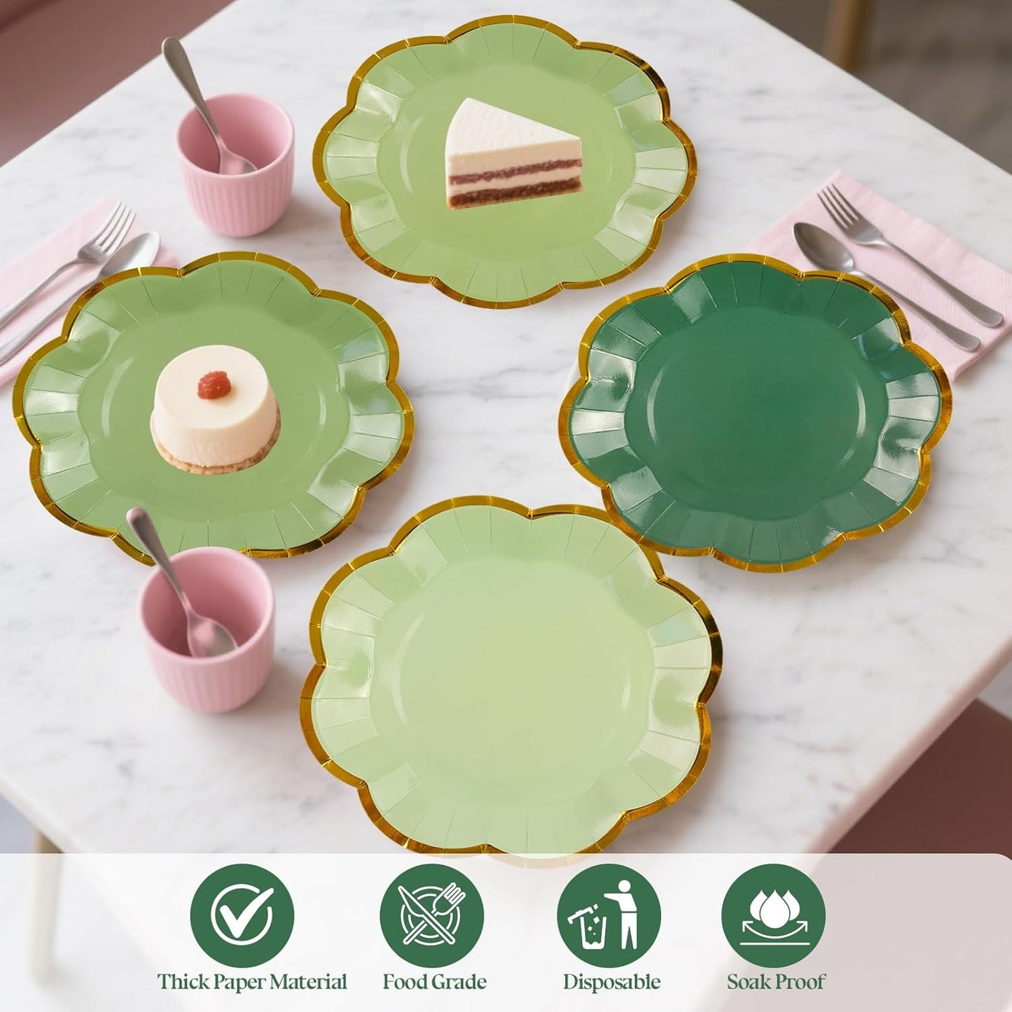 48Pcs Sage Green Scalloped Party Plates - 7inch Gold Foil Gradient Green Dessert Paper Plate Disposable Cake Plates for Birthday Bridal Baby Shower Wedding Party Decorative Supplies