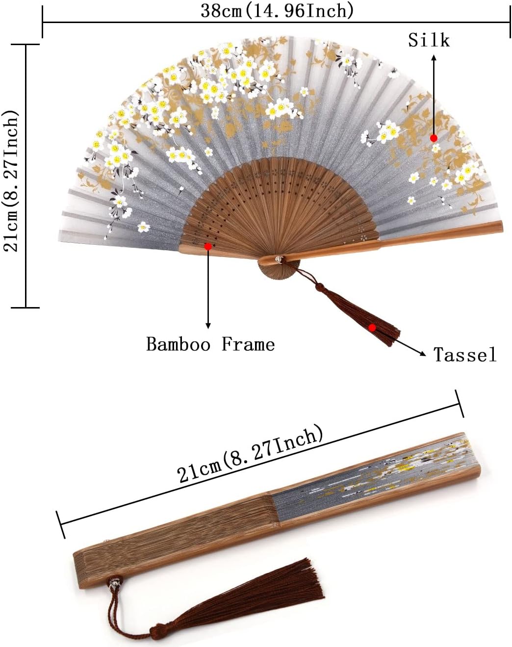 Amajiji Small Folding Hand Fan for Women, Chinese Japanese Vintage Style Bamboo Silk Fans for Party Wedding Dancing Decoration Gift Performance (AM-13)