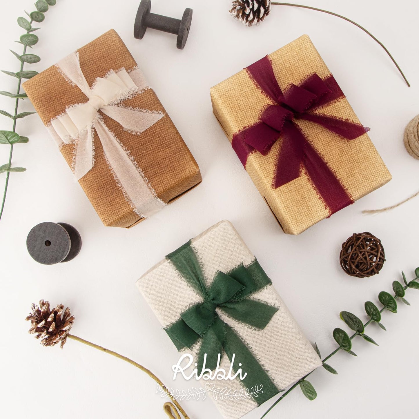 Ribbli Forest Green Ribbon 1 Inch x 3 Rolls Total 24 Yards Handmade Fringe Chiffon Silk Ribbon for Wrapping Wedding Invitations Bridal Bouquets DIY Crafts Home Decor