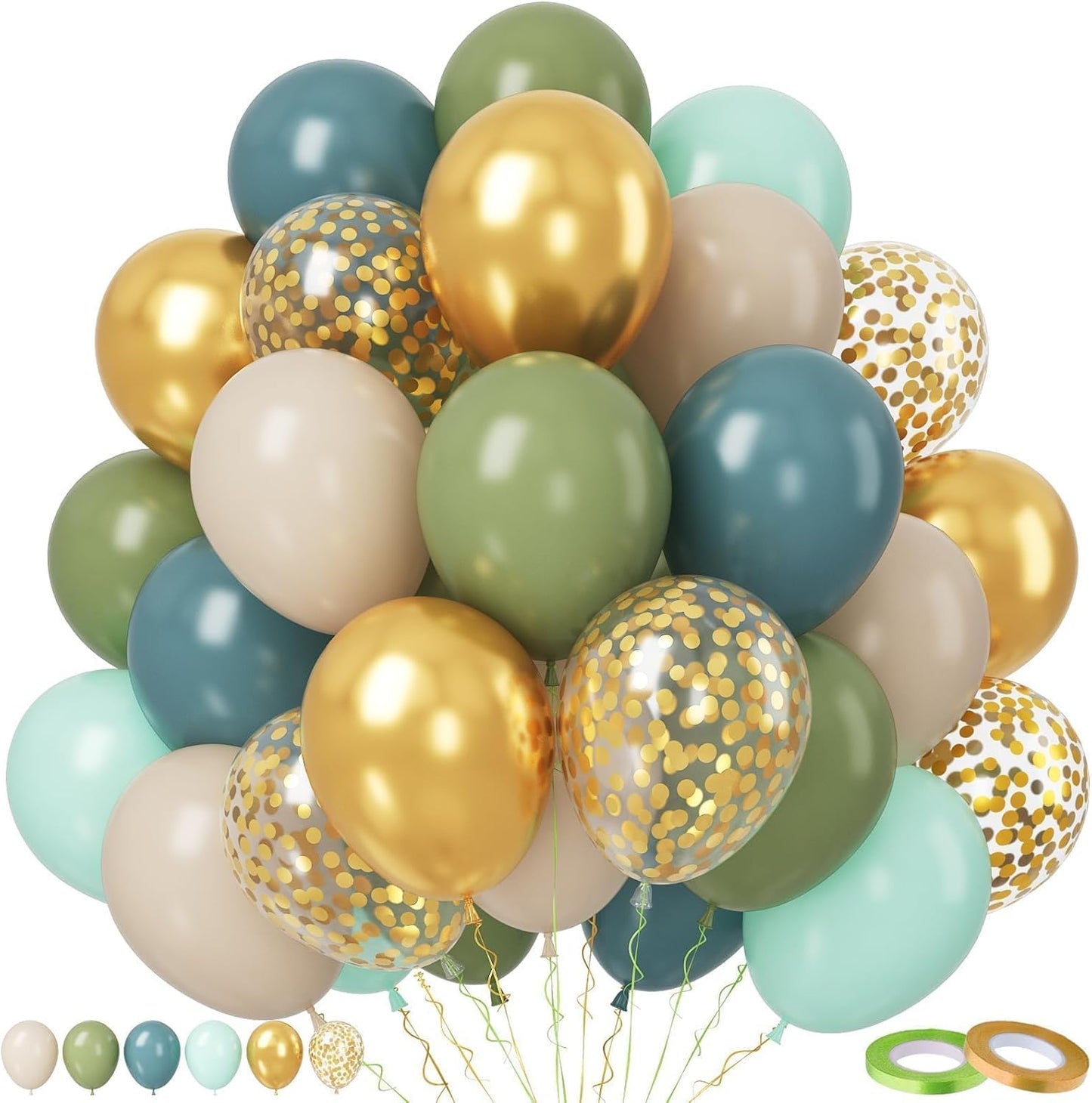 Paready Sage Green and Dusty Blue Balloon Set, 50Pcs 12 Inch Metallic Confetti Gold Apricot Balloons for Safari Birthday Party Bridal Shower Decorations