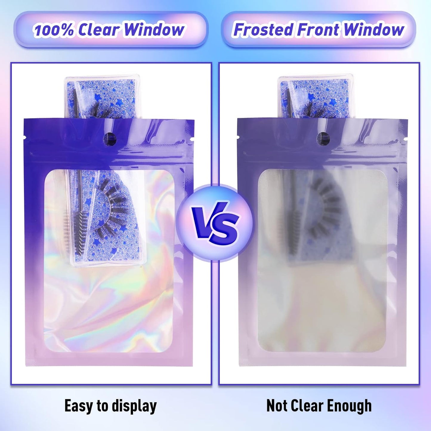 Funfery 100 Pack Holographic Bags,Mylar Resealable Bag with Zipper,Clear Window Packaging Pouch,Foil Bags for Food Storage,Sample Jewelry Baggies(4×6in,Purple Pink)