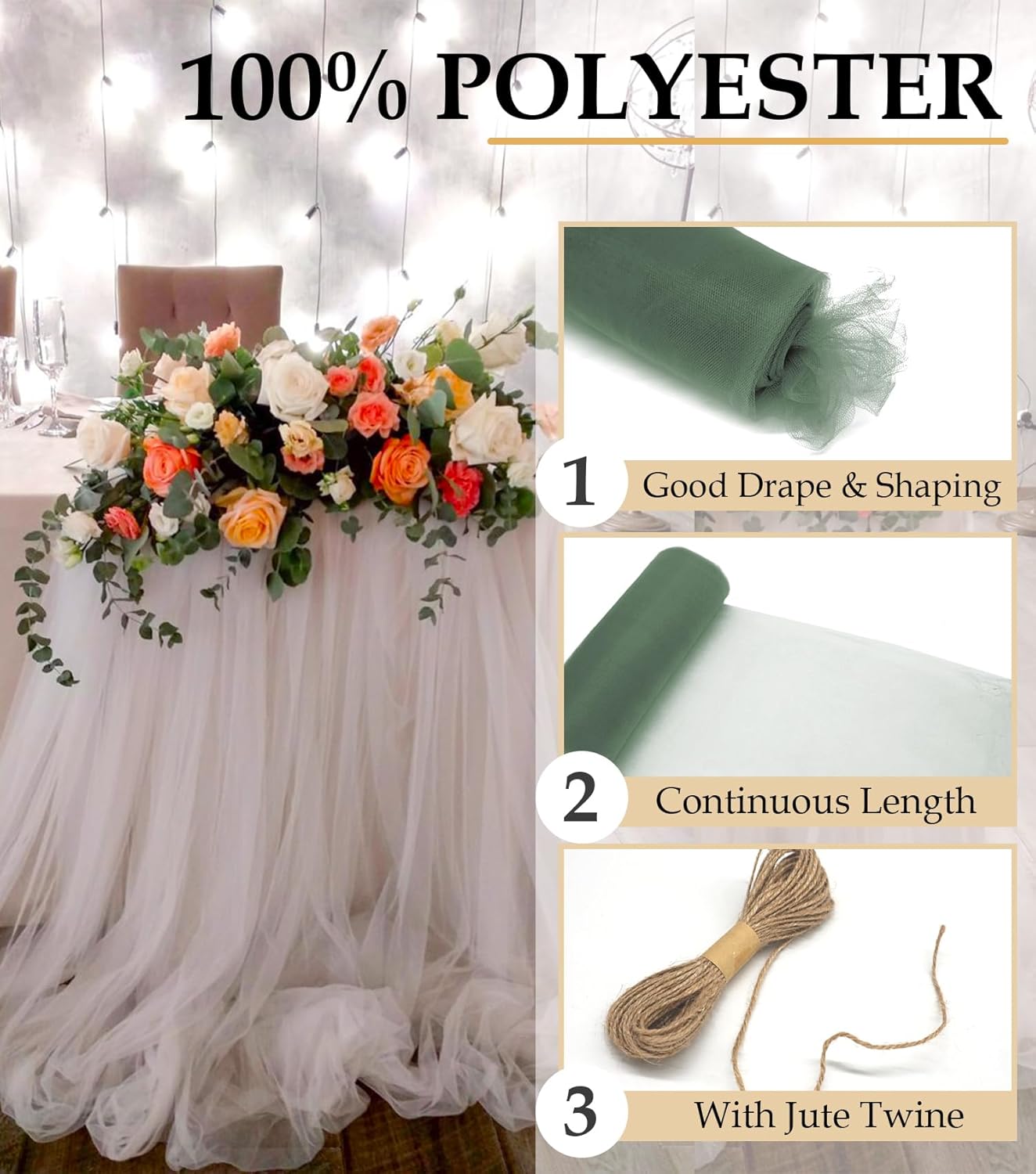 Sage Green Tulle Fabric Roll, 54" x 40 Yards (120FT) Tulle for Wedding Decoration DIY Tutu Party Backdrop Baby Shower Table Skirts Gift Wrapping