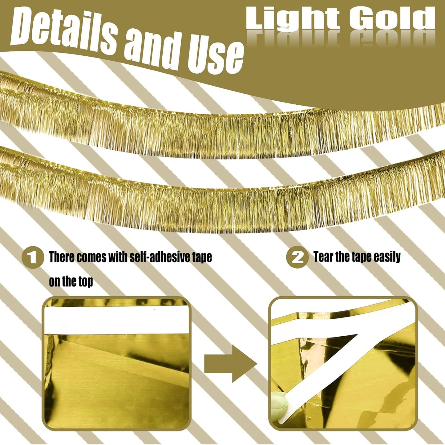 6 Pack 10 Feet Foil Fringe Garland Metallic Tinsel Streamers Banner Wall Hanging Curtain Backdrop Banner for Parade Floats, Thanksgiving, Christmas, Birthday, Halloween Party Decorations(Light Gold)